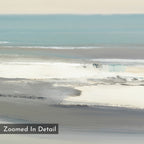 Sandy Retreat Canvas Art - Horizontal features an abstract coastal scene with soft blue, teal, gray, and white tones. Smooth brushstrokes evoke waves, sand, and water for seaside vibes. "Zoomed In Detail" appears in the bottom left.