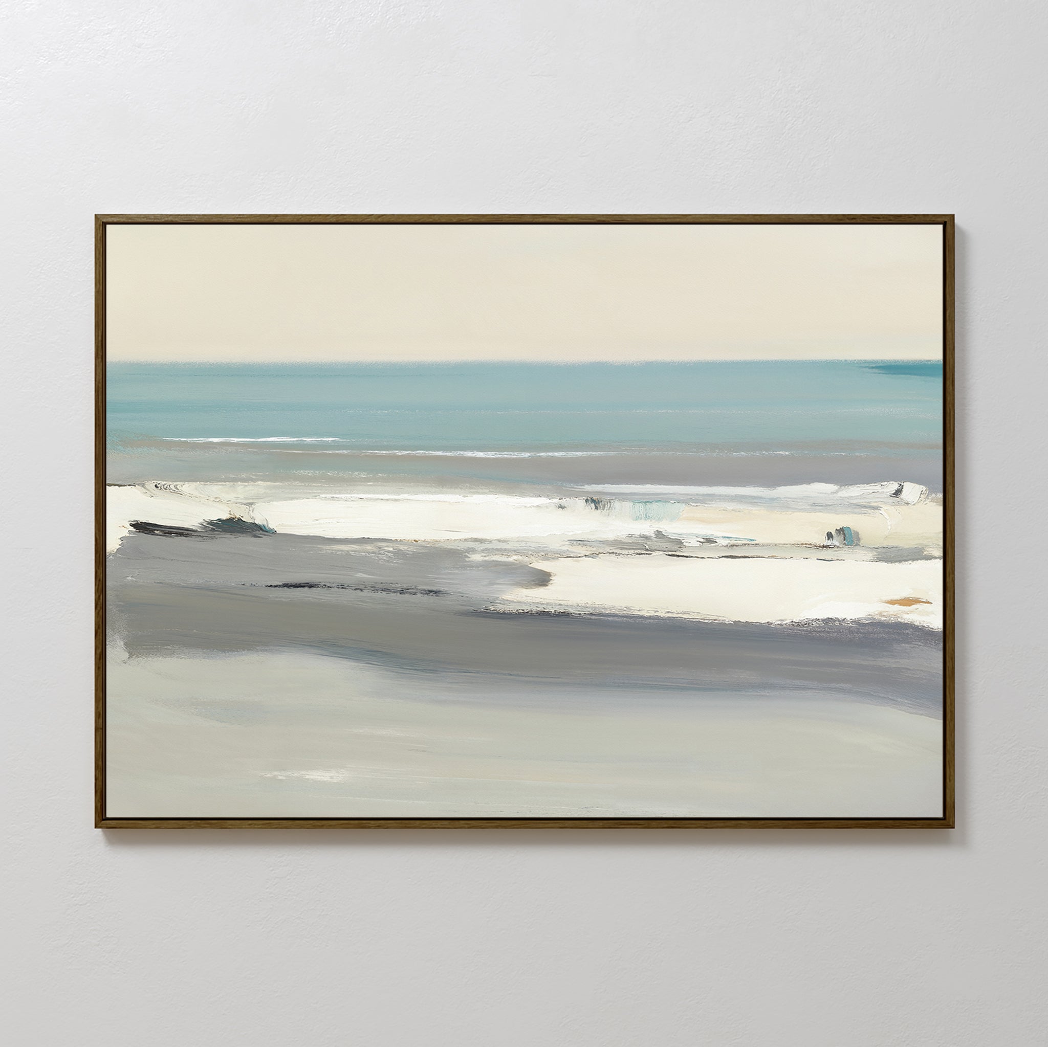 Sandy Retreat Canvas Art - Horizontal features a minimalist beachscape in soft blue, gray, and white tones, depicting calm ocean waves and a light sky—ideal for adding serene seaside vibes to any plain white wall.