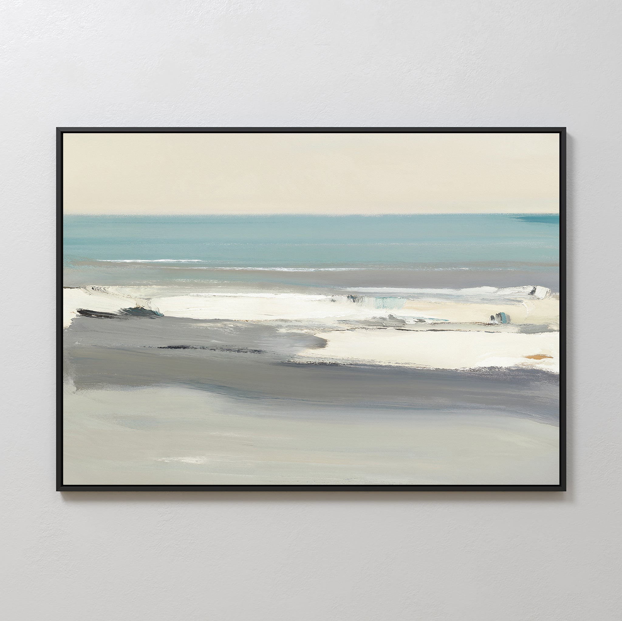 The Sandy Retreat Canvas Art - Horizontal features an abstract seascape in soft blue, gray, and white tones, evoking gentle waves and a calm shoreline for a serene coastal touch in any space.