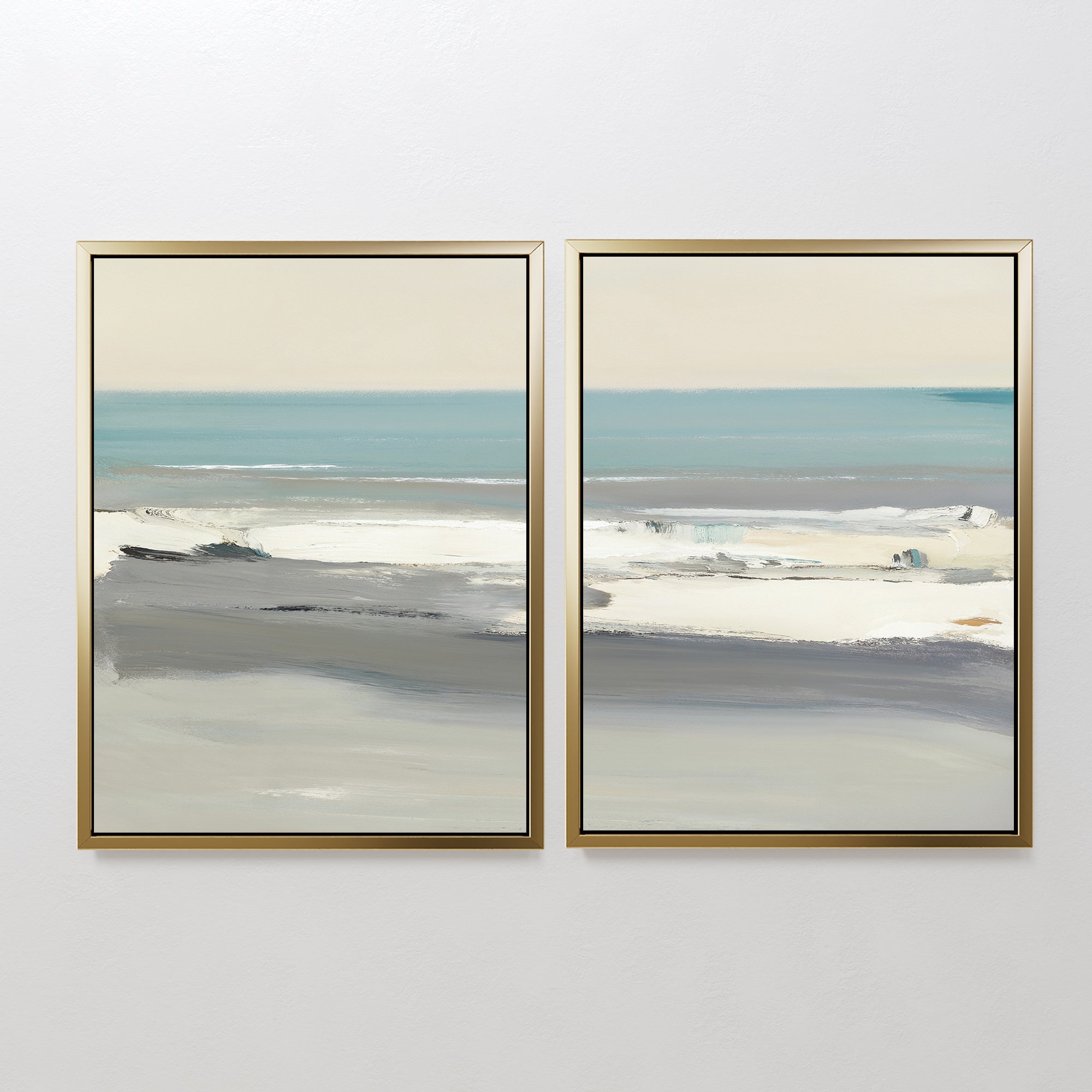 Sandy Retreat - Set Of 2 features framed abstract paintings in soothing blue, gray, white, and beige tones, creating a minimalist seascape perfect for adding calming beach vibes to any space.