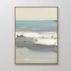 The Sandy Retreat Canvas Art - Vertical features a framed abstract coastal seascape in muted blue, gray, white, and beige tones with soft brushstrokes, evoking gentle waves and calm skies for a relaxing seaside atmosphere.