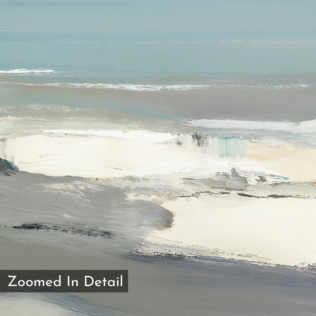 A close-up of Sandy Retreat Canvas Art - Vertical shows soft, layered brushstrokes in blue, gray, white, and beige, evoking a tranquil seascape. A label in the corner reads "Zoomed In Detail.