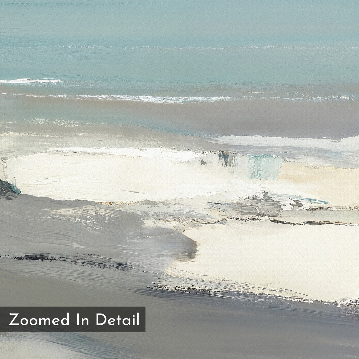 A close-up of Sandy Retreat Canvas Art - Vertical shows soft, layered brushstrokes in blue, gray, white, and beige, evoking a tranquil seascape. A label in the corner reads "Zoomed In Detail.