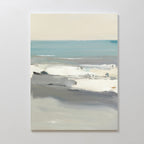 Sandy Retreat Canvas Art - Vertical is a minimalist abstract beachscape, blending soft blue, gray, and beige brushstrokes to evoke the ocean and sky in neutral light for serene seaside vibes.