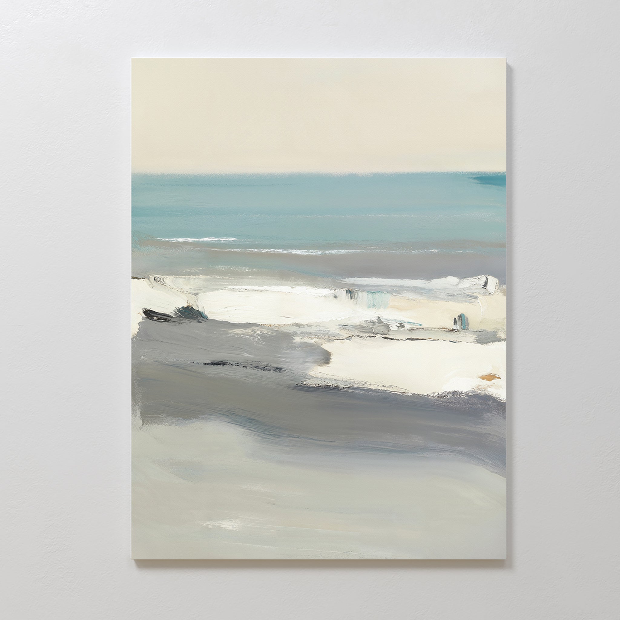 Sandy Retreat Canvas Art - Vertical is a minimalist abstract beachscape, blending soft blue, gray, and beige brushstrokes to evoke the ocean and sky in neutral light for serene seaside vibes.