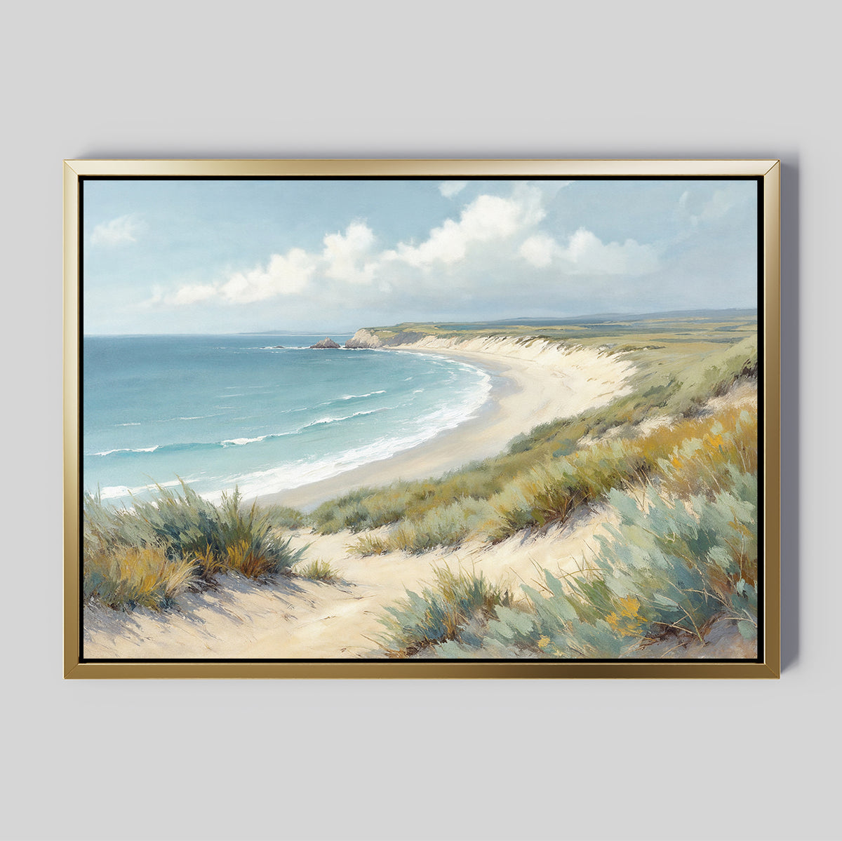 Sandy Shores Canvas Art - Horizontal features a tranquil beach scene with gentle waves, coastal grasses, and distant cliffs under a blue sky—perfect wall art to bring serenity and calm to any space.