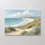 Sandy Shores Canvas Art - Horizontal features a serene coastal landscape with a sandy beach, gentle waves, grassy dunes, and a partly cloudy sky over a calm blue ocean—perfect wall art to bring tranquility to any space.