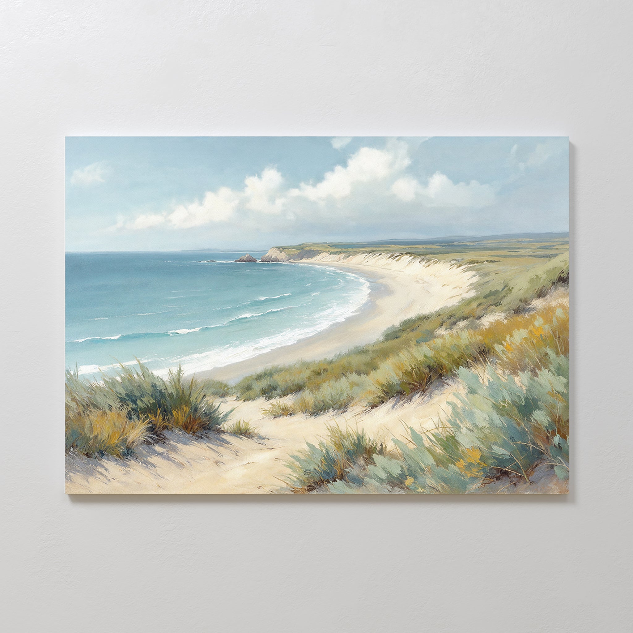Sandy Shores Canvas Art - Horizontal features a serene coastal landscape with a sandy beach, gentle waves, grassy dunes, and a partly cloudy sky over a calm blue ocean—perfect wall art to bring tranquility to any space.