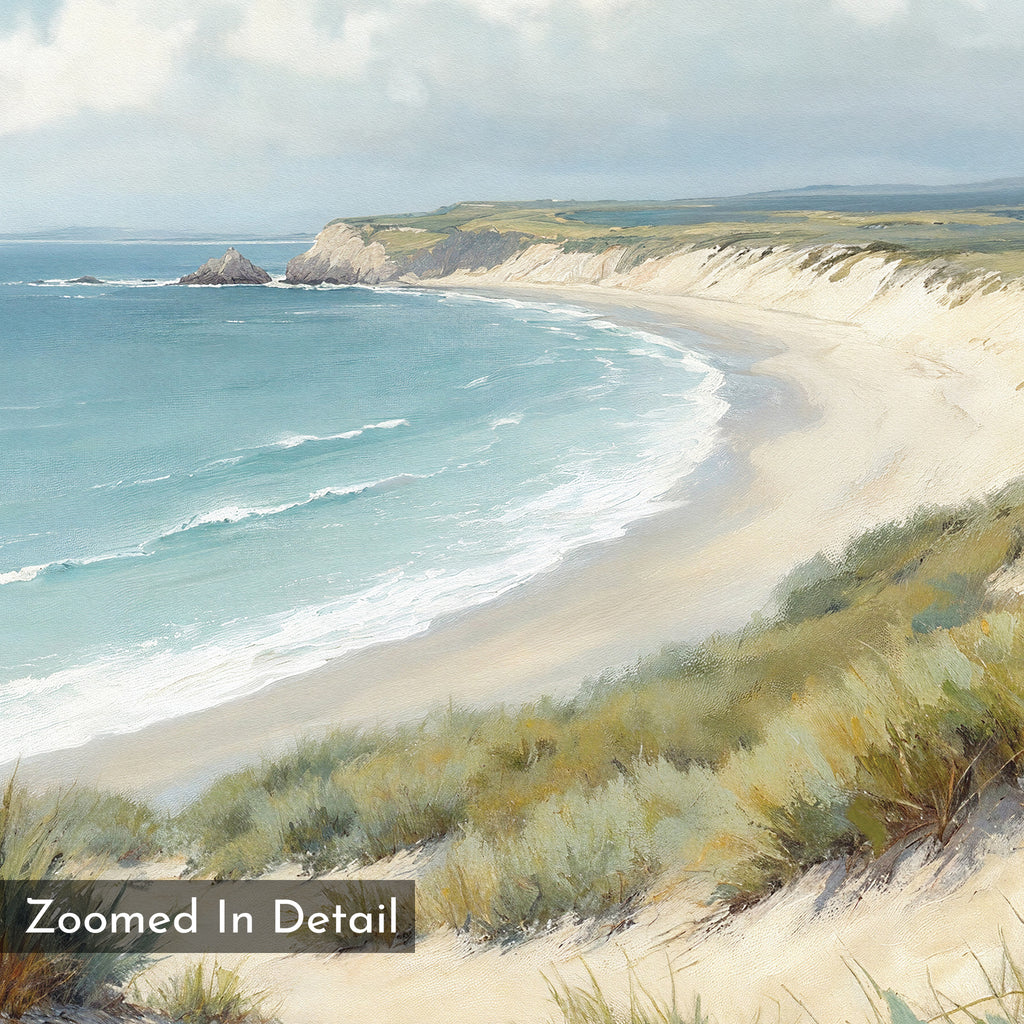 The Sandy Shores Canvas Art - Horizontal features a realistic beach with gentle waves, grassy dunes, distant cliffs, and a partly cloudy sky. Text reads “Zoomed In Detail.” Perfect as coastal wall décor.