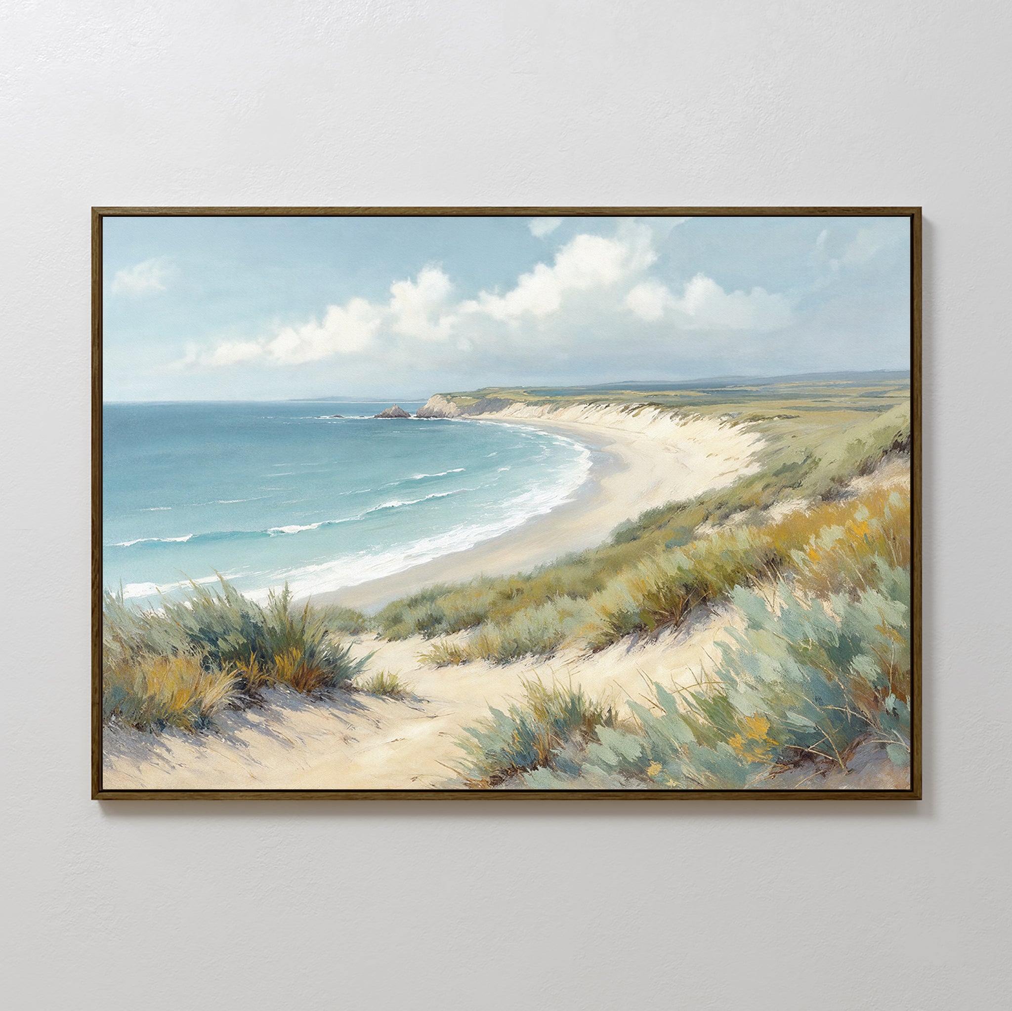 The Sandy Shores Canvas Art - Horizontal features a sandy beach with gentle waves, grassy dunes, and a partly cloudy sky—ideal coastal landscape wall art for your space.