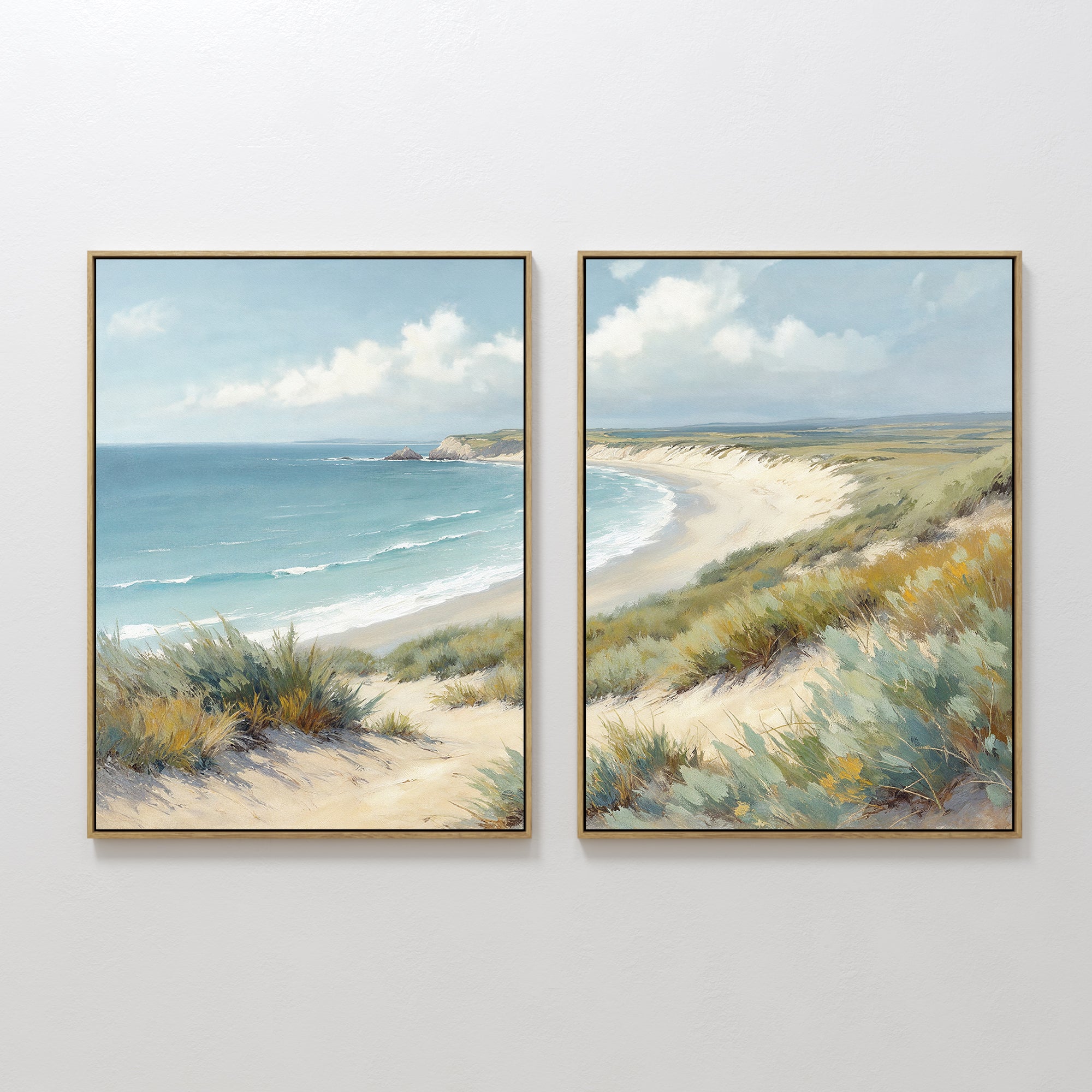 Sandy Shores - Set of 2 features framed paintings side by side, showing sandy dunes, green grass, and a blue ocean under a cloudy sky—perfect coastal decor transitioning from beach view to shoreline scene.