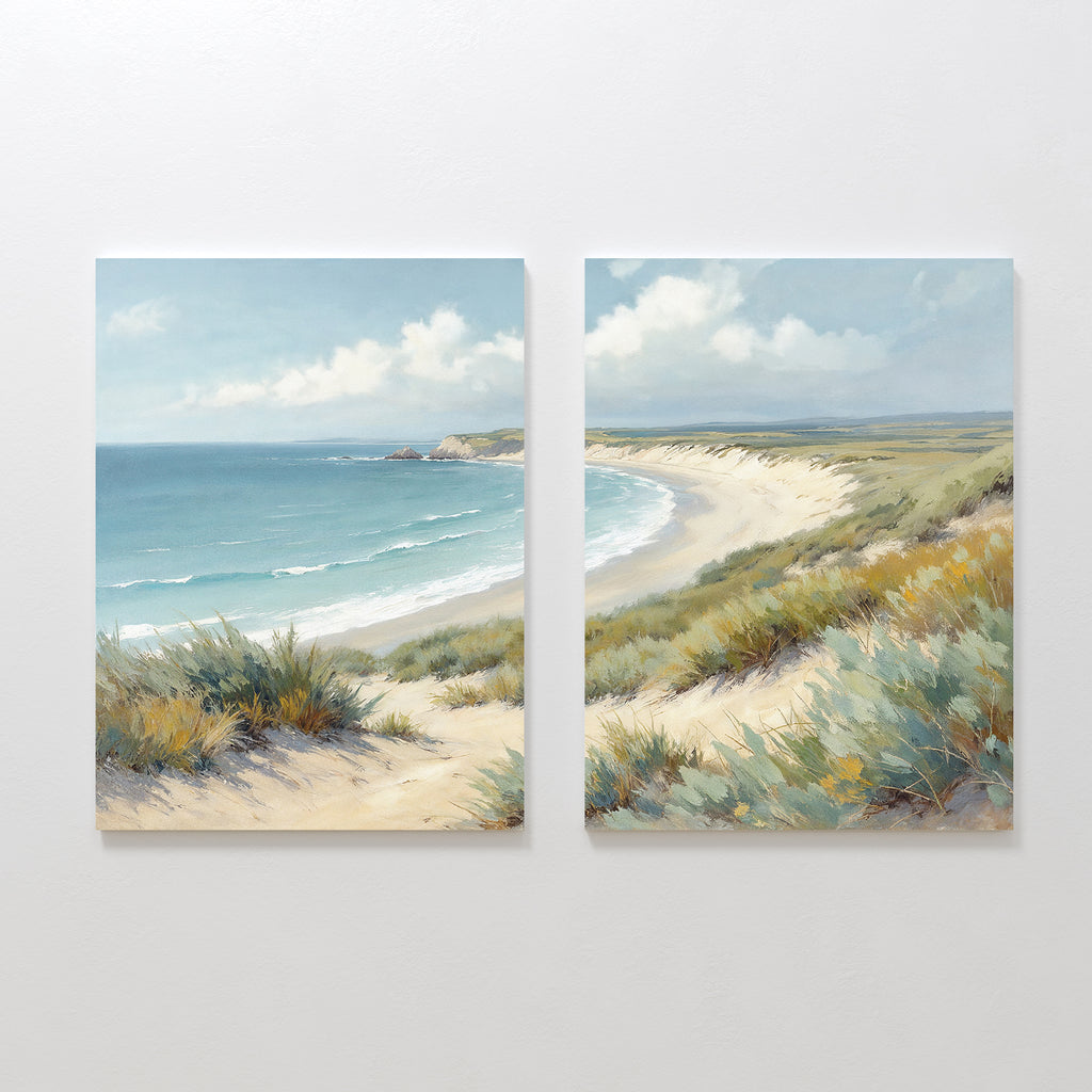 Sandy Shores - Set of 2 features tranquil coastal paintings with sandy dunes, grassy foregrounds, and calm blue ocean waves under a partly cloudy sky—ideal beach wall art for creating peaceful spaces.