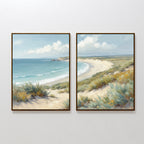 The "Sandy Shores - Set of 2" features framed coastal landscape art with sandy dunes and blue waves beneath a partly cloudy sky—perfect beach wall art for serene home decor.