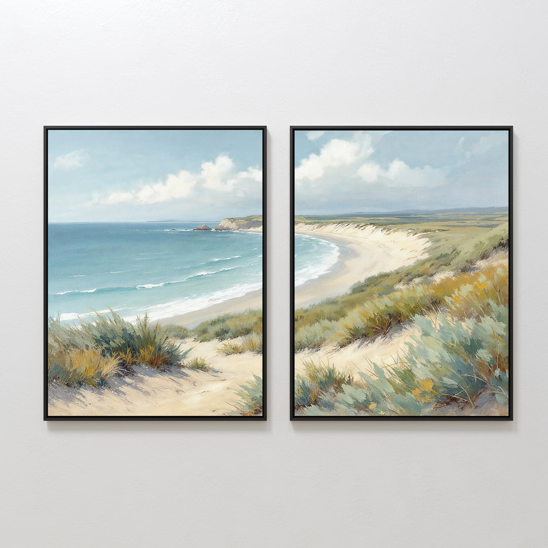 The Sandy Shores - Set of 2 features framed art showcasing a serene coastal landscape with sandy dunes and ocean waves. Each piece continues the scene, creating panoramic wall art that brings beach tranquility to your space.