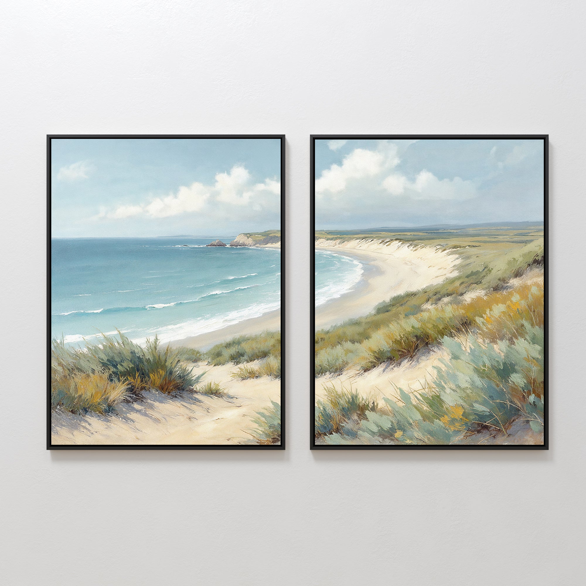 The Sandy Shores - Set of 2 features framed art showcasing a serene coastal landscape with sandy dunes and ocean waves. Each piece continues the scene, creating panoramic wall art that brings beach tranquility to your space.