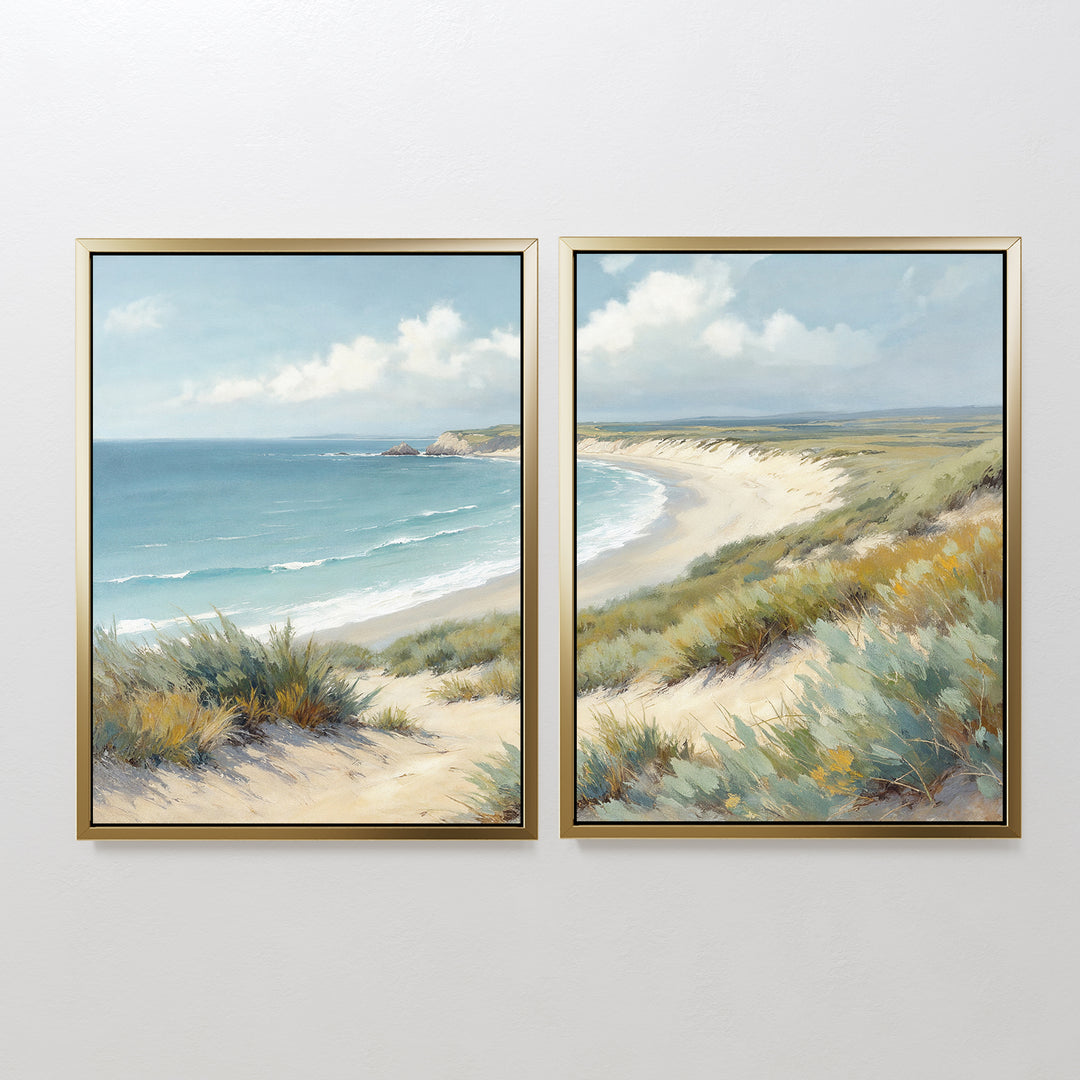 Sandy Shores - Set of 2 features two framed paintings side by side, showing a tranquil coastal landscape with sandy dunes, green grasses, blue waves, and a cloudy sky—ideal beach wall art for any room.