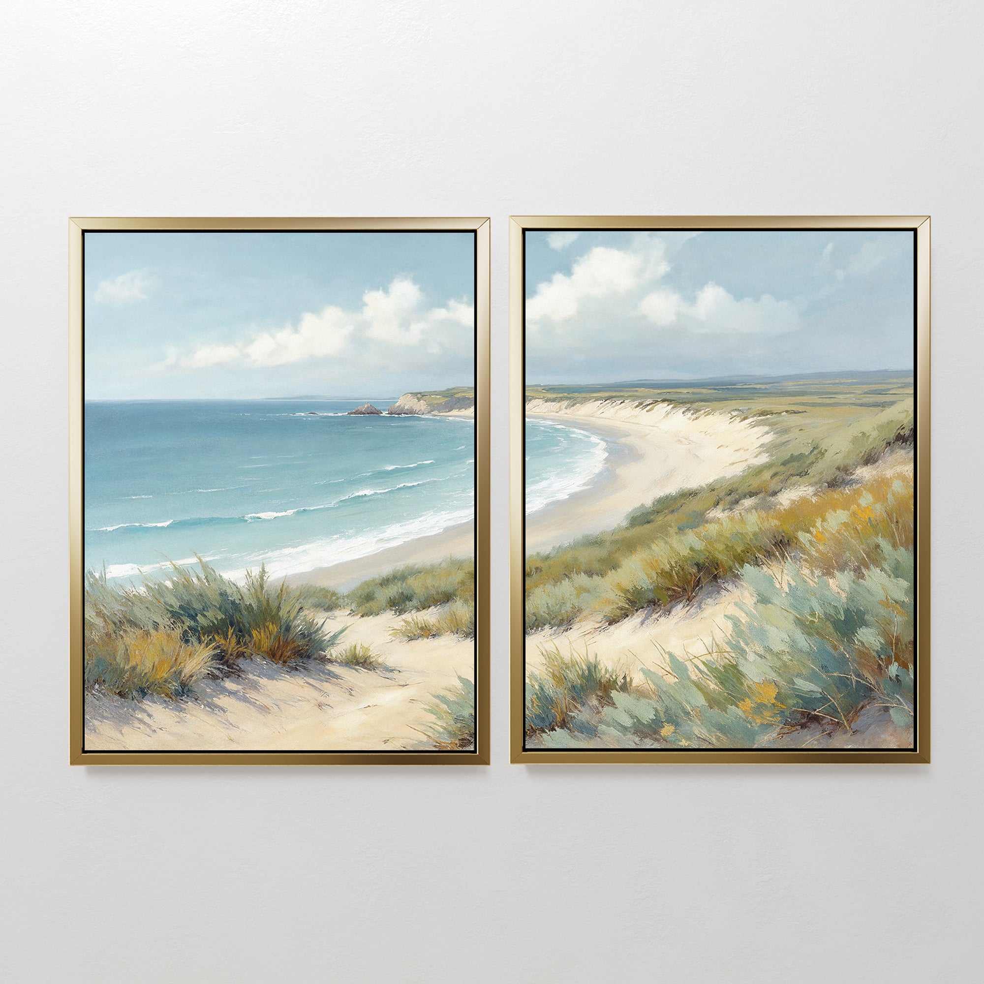 Sandy Shores - Set of 2 features two framed paintings side by side, showing a tranquil coastal landscape with sandy dunes, green grasses, blue waves, and a cloudy sky—ideal beach wall art for any room.