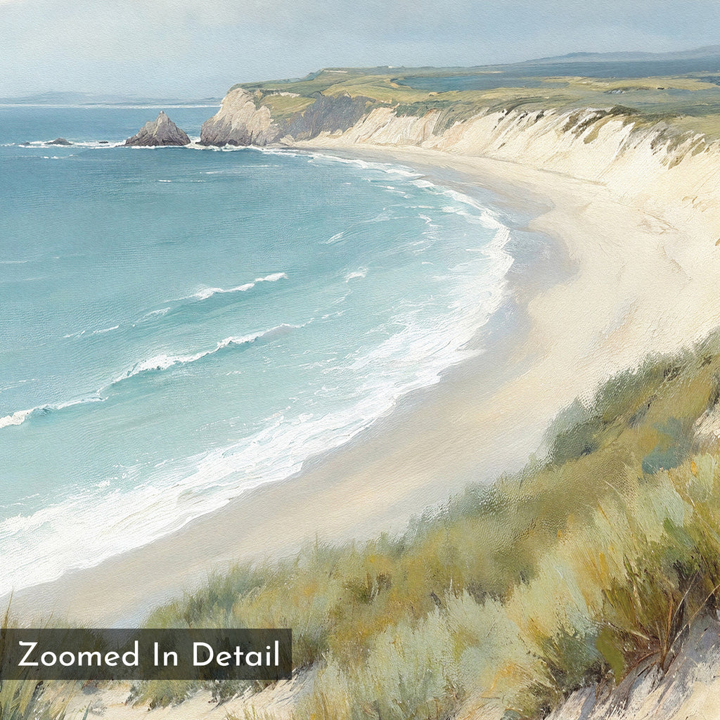 The Sandy Shores Canvas Art - Square features a detailed watercolor of a curved sandy beach, grassy dunes, gentle waves, distant cliffs, and a clear sky—ideal as beach wall art. "Zoomed In Detail" appears in the corner.