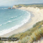The Sandy Shores Canvas Art - Square features a detailed watercolor of a curved sandy beach, grassy dunes, gentle waves, distant cliffs, and a clear sky—ideal as beach wall art. "Zoomed In Detail" appears in the corner.