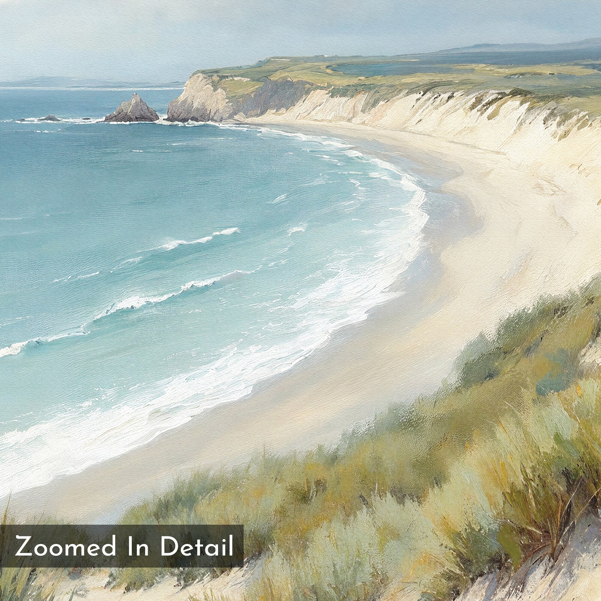 The Sandy Shores Canvas Art - Square features a detailed watercolor of a curved sandy beach, grassy dunes, gentle waves, distant cliffs, and a clear sky—ideal as beach wall art. "Zoomed In Detail" appears in the corner.