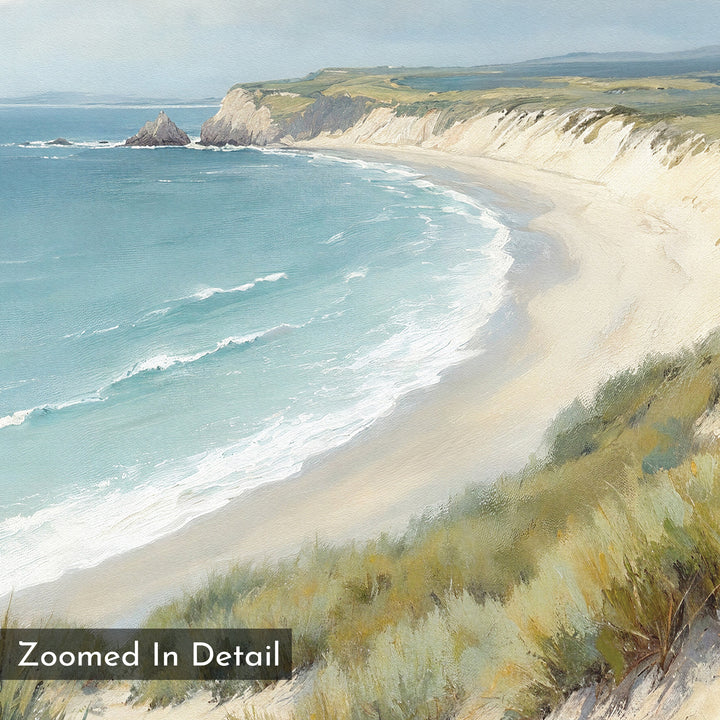 The Sandy Shores Canvas Art - Square features a detailed watercolor of a curved sandy beach, grassy dunes, gentle waves, distant cliffs, and a clear sky—ideal as beach wall art. "Zoomed In Detail" appears in the corner.