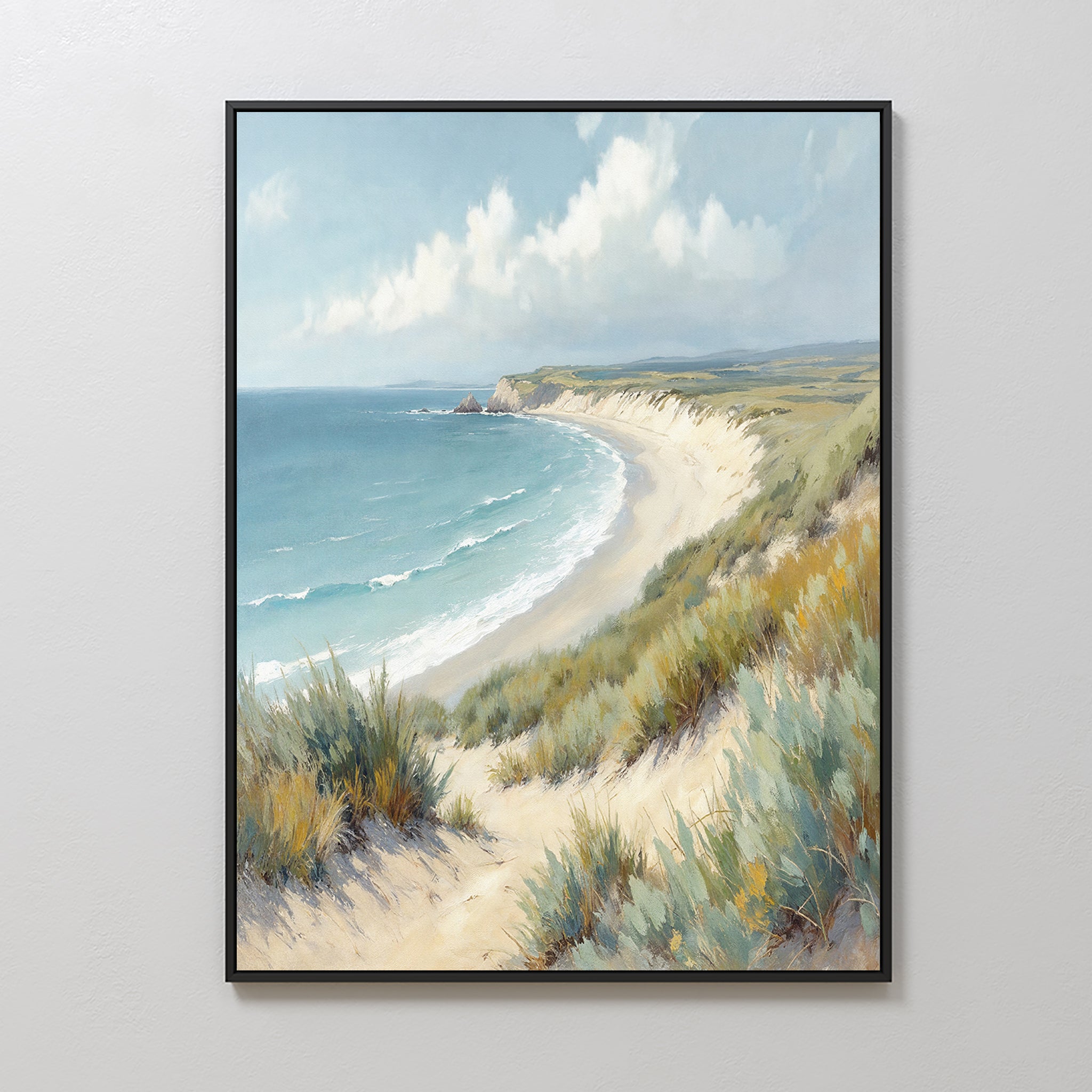 The Sandy Shores Canvas Art - Vertical features a coastal scene of sandy beach, grassy dunes, waves, and blue sky with clouds—an ideal piece of beach wall art for brightening up any space.