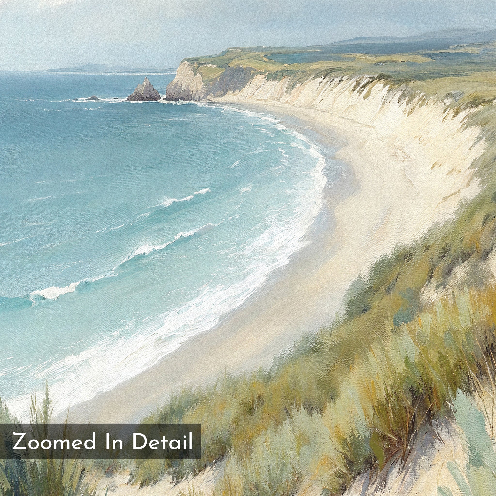 A detailed watercolor of a coastal landscape features waves on a sandy beach, cliffs, and grassy dunes under a partly cloudy sky. A text label reads: Sandy Shores Canvas Art - Vertical – Zoomed In Detail.
