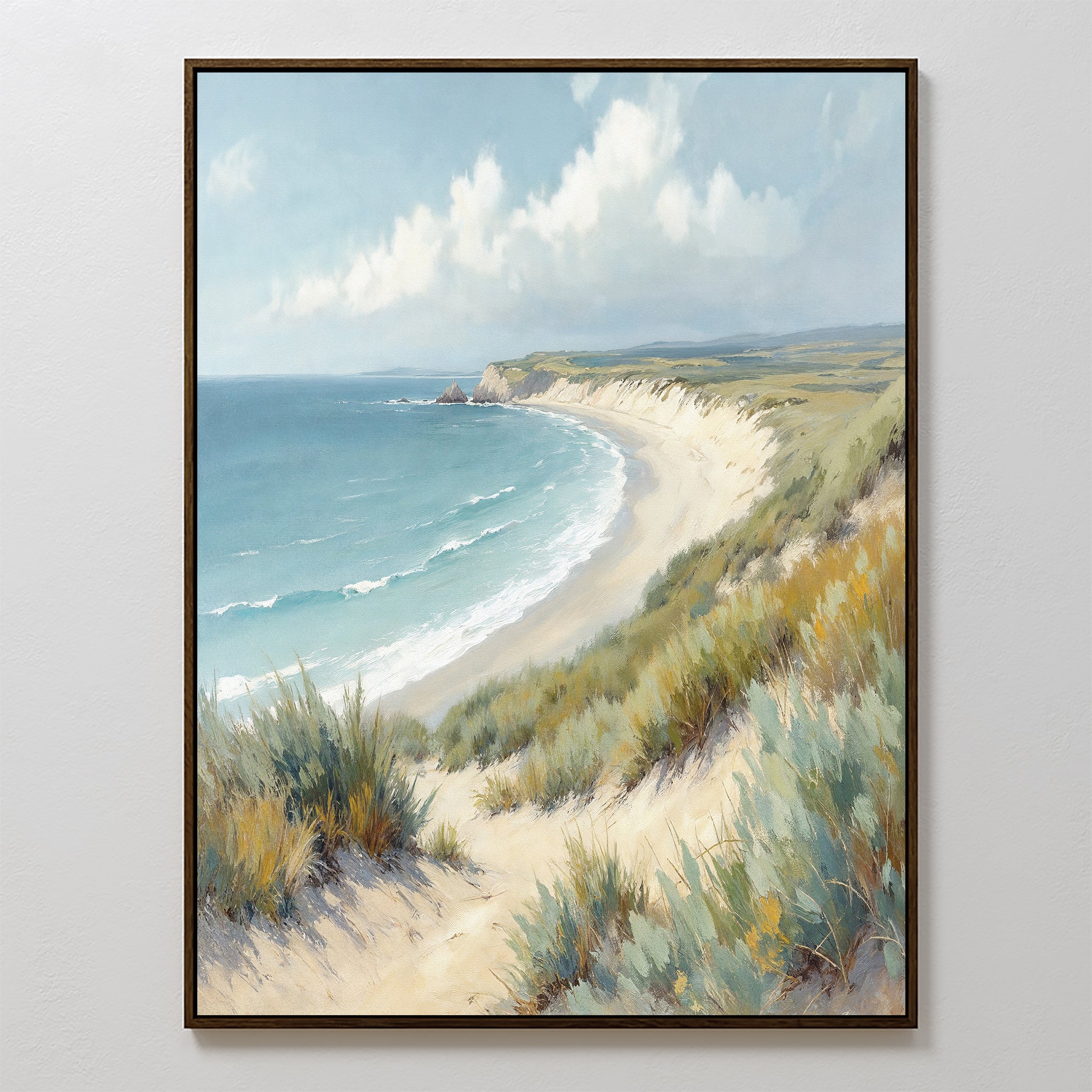 The Sandy Shores Canvas Art - Vertical features a framed coastal landscape of a sandy beach, grassy dunes, gentle waves, and a cloudy sky—ideal beach wall art to enhance any room.