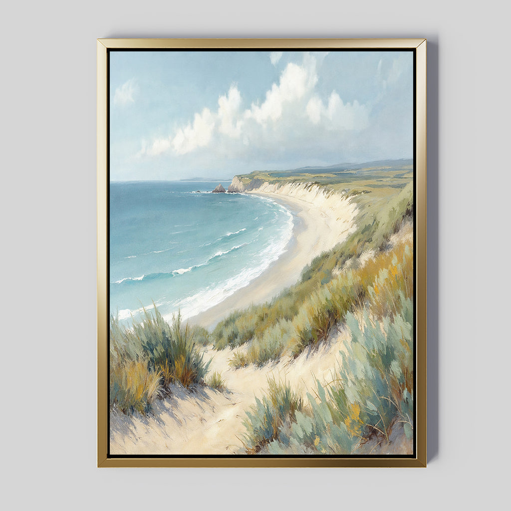 The Sandy Shores Canvas Art - Vertical adds a coastal touch to any room with gentle waves, grassy dunes, distant cliffs, and a blue sky—perfect framed beach wall art for your space.