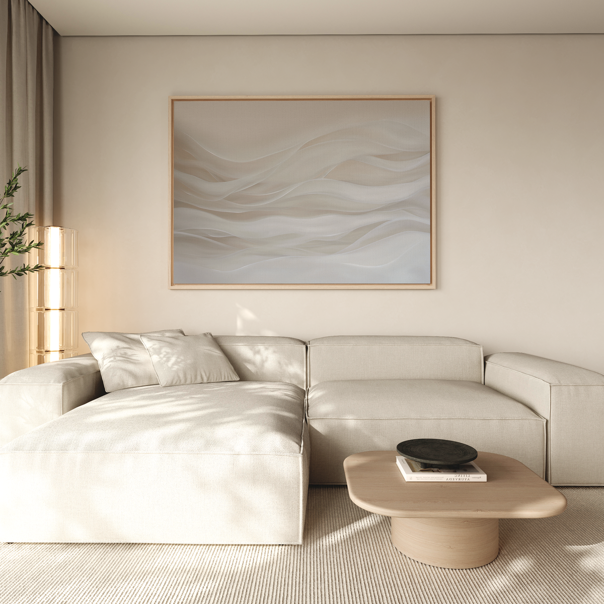 A modern living room with a light beige sectional sofa, neutral cushions, a light wooden coffee table with a black bowl, Sandy Hues Abstract Canvas Art on beige walls, and natural light streaming through sheer curtains.