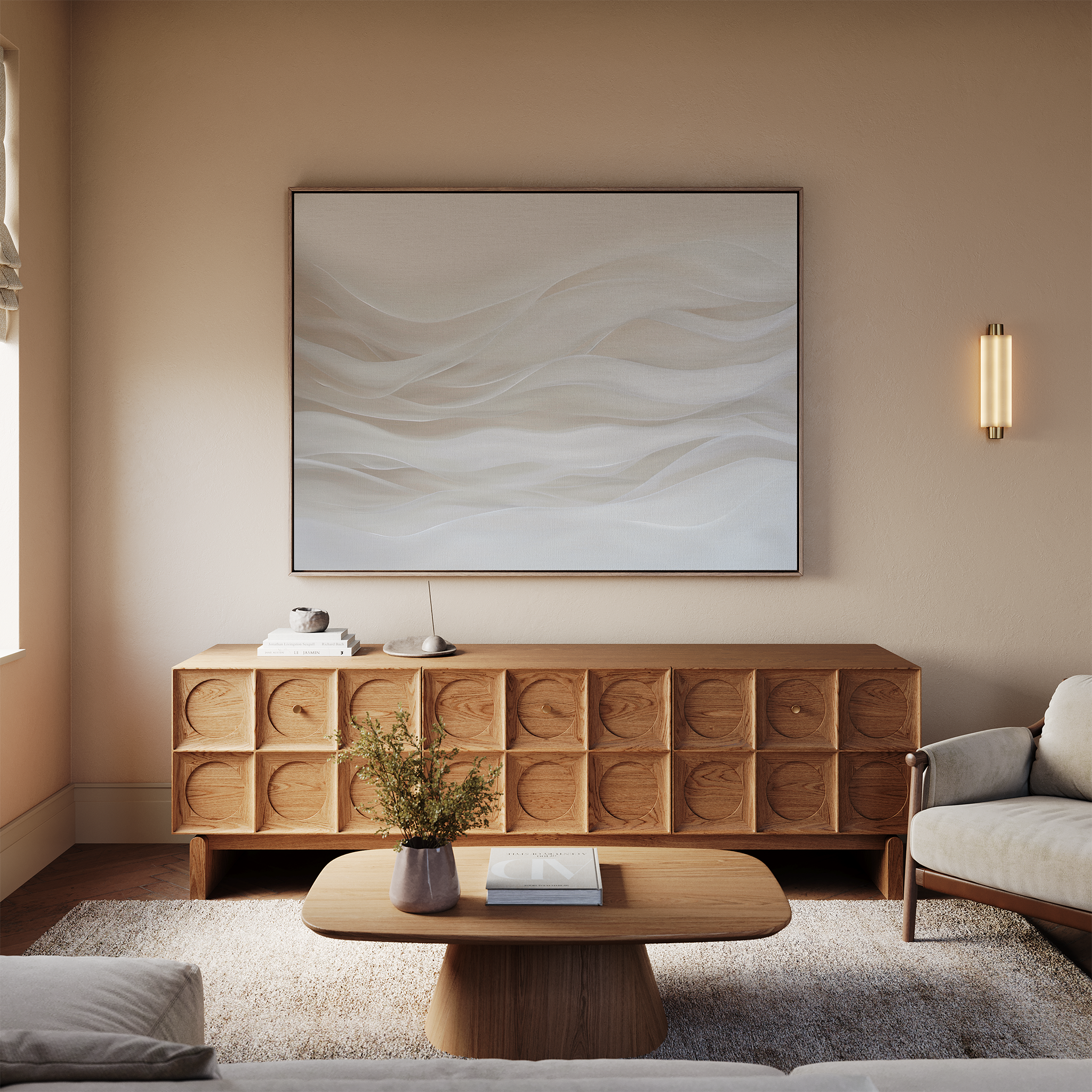 A modern living room with a light wood coffee table, textured wood sideboard, beige sofa, neutral rug, and Sandy Hues Abstract Canvas Art with soft wavy lines above the sideboard. Modern decor and subtle lighting complete the space.