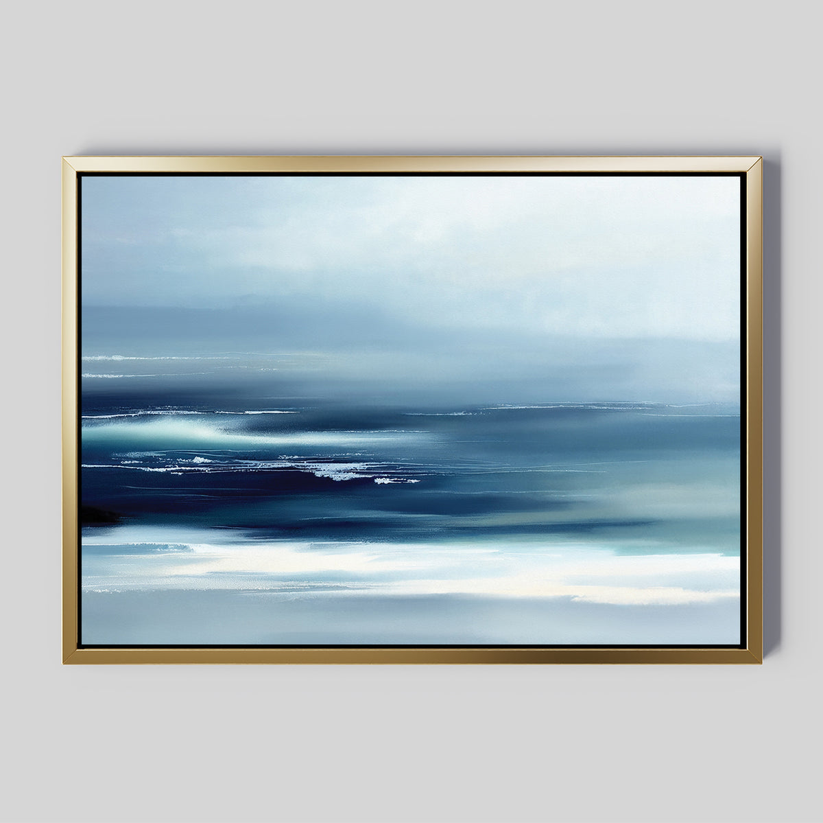 Sapphire Current Canvas Art - Horizontal features blue and white blended brushstrokes in a gold frame on a light gray background, evoking oceanic tranquility. Ideal as modern wall art for serene spaces.
