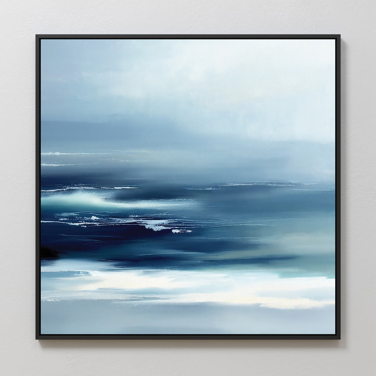 The Sapphire Current Canvas Art - Square showcases soft brushstrokes in soothing blue and white, evoking a calm seascape. This tranquil abstract print enhances any serene space with its peaceful, contemporary design.