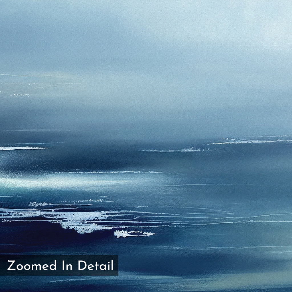 The Sapphire Current Canvas Art - Square displays abstract shades of blue like water and waves, with white streaks for foam or reflections. "Zoomed In Detail" appears in the bottom left, making it a serene choice for tranquil wall art.