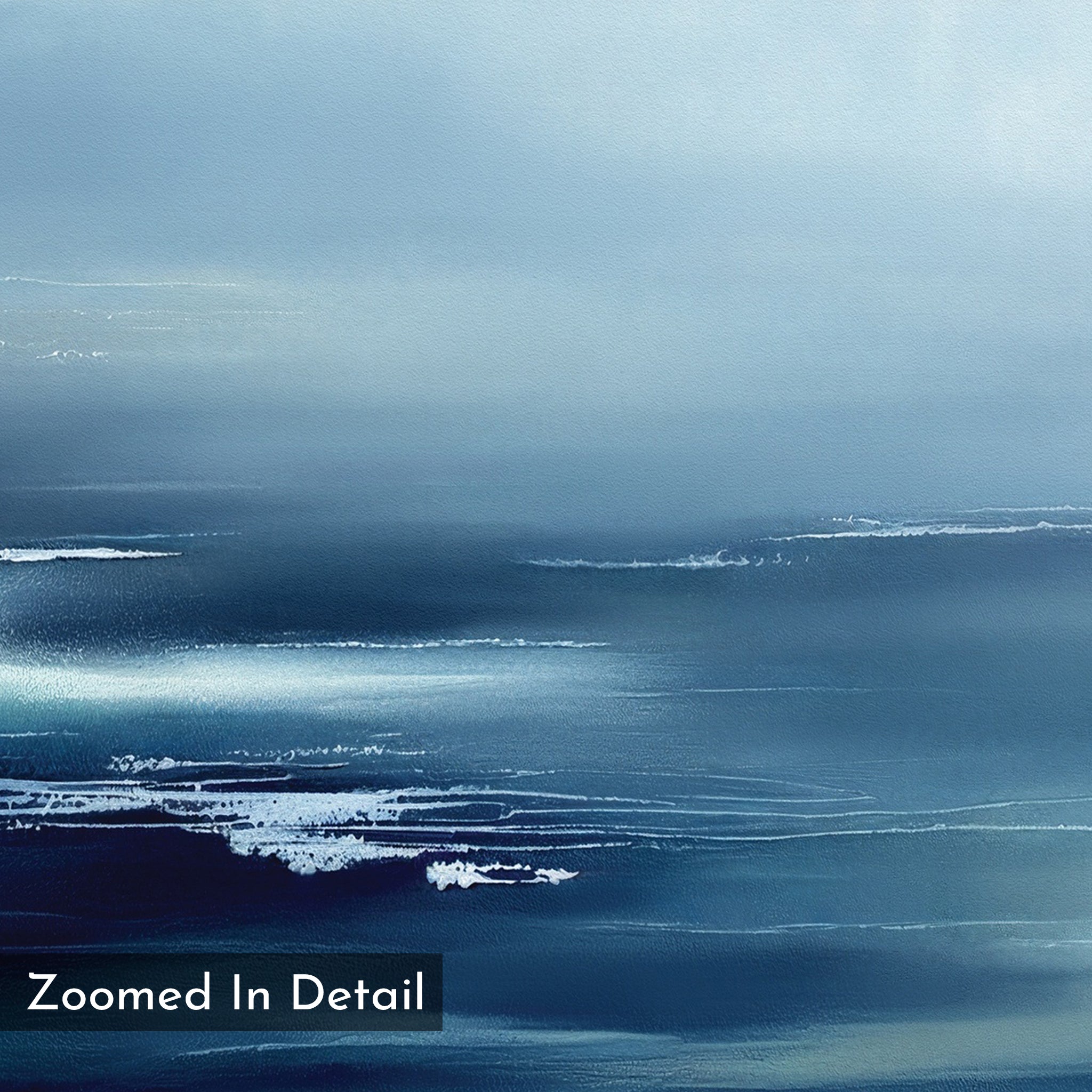 The Sapphire Current Canvas Art - Square displays abstract shades of blue like water and waves, with white streaks for foam or reflections. "Zoomed In Detail" appears in the bottom left, making it a serene choice for tranquil wall art.