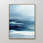 The Sapphire Current Canvas Art - Vertical features an abstract design in blue, white, and teal reminiscent of ocean waves, adding calm and serenity to any plain white wall.