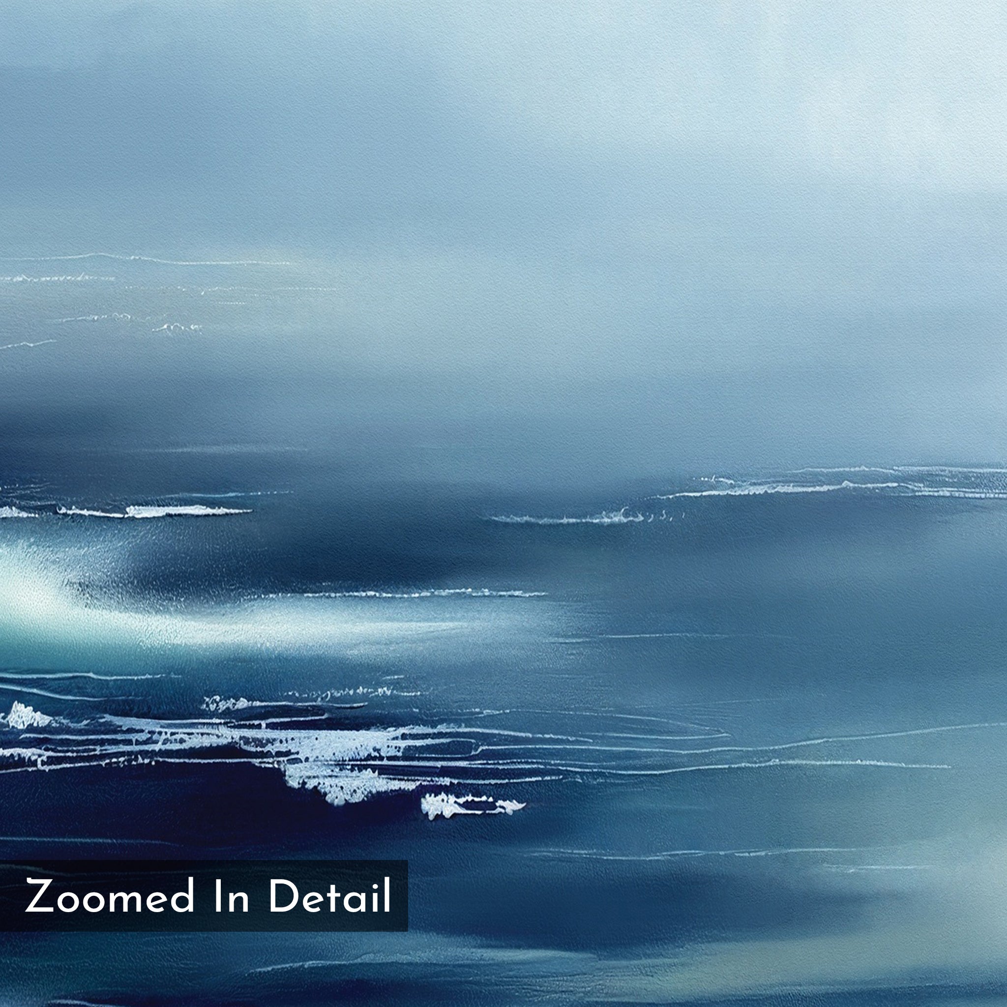 A close-up of the Sapphire Current Canvas Art - Vertical shows soft, blended blue and white tones resembling ocean waves. "Zoomed In Detail" appears in the lower left corner.