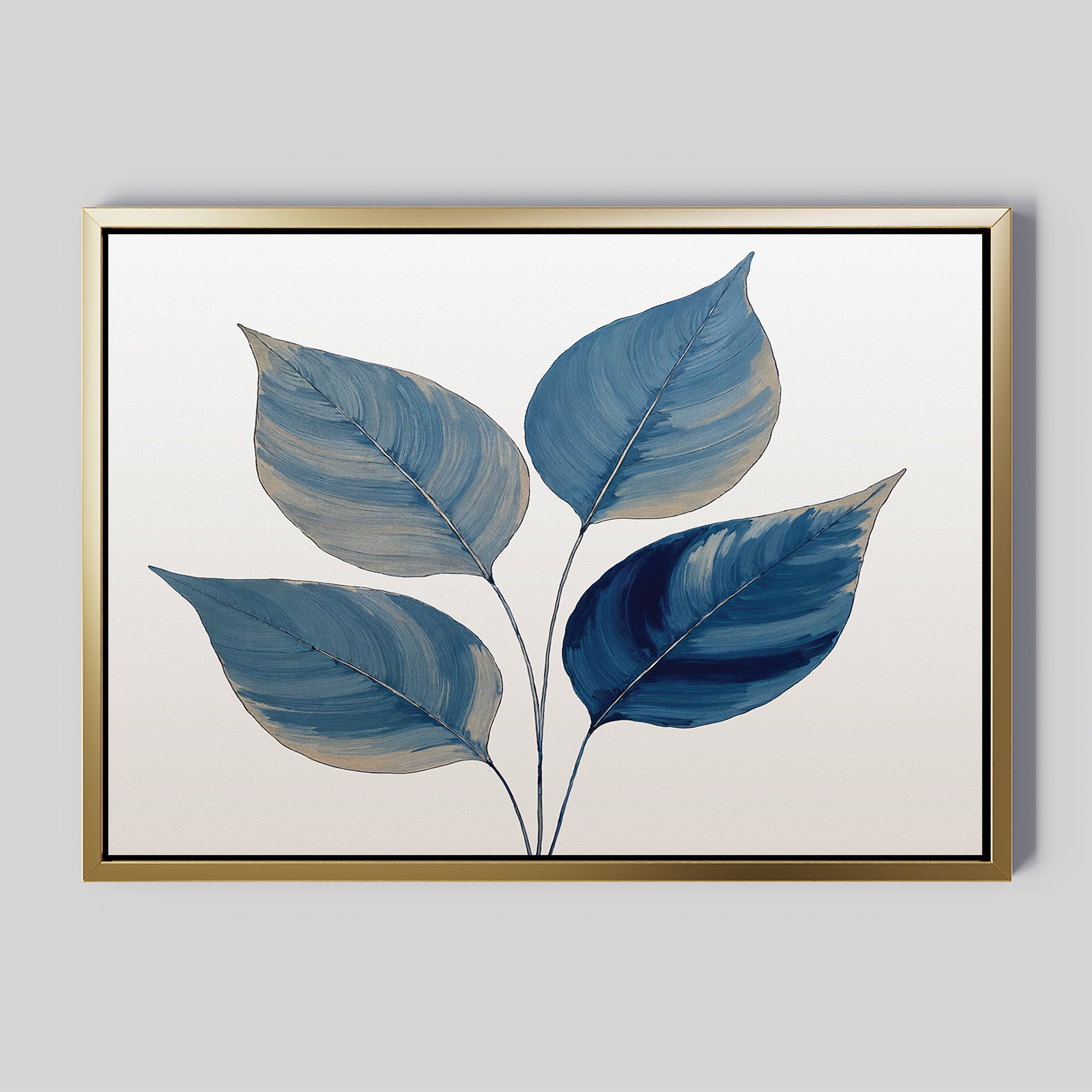 Sapphire Leaves Canvas Art - Horizontal features five blue-toned leaves on thin stems against a white background, accented by a gold frame. This modern botanical canvas print brings minimalist blue wall art to any room.