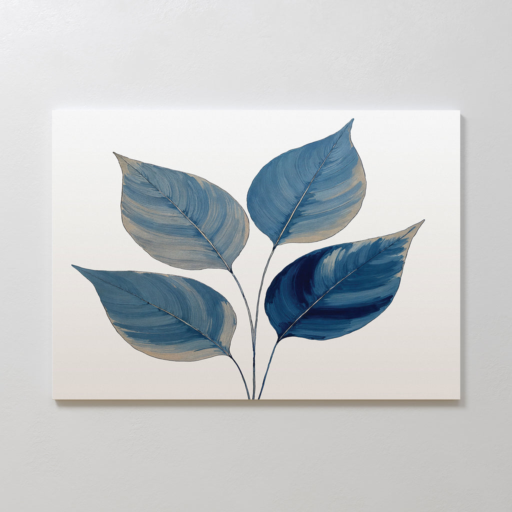 The Sapphire Leaves Canvas Art - Horizontal showcases five large, overlapping sapphire leaves on a white background. Its soft texture and subtle shading create a serene, minimalist accent perfect for any space.