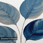Zoomed-in detail of Sapphire Leaves Canvas Art - Horizontal, featuring large blue leaves with visible brush strokes on a white background—a striking botanical canvas print with "Zoomed In Detail" labeled in the corner.