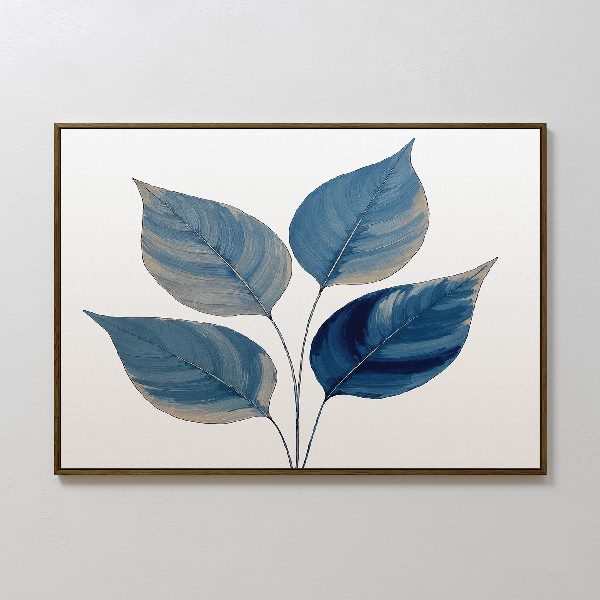 The Sapphire Leaves Canvas Art - Horizontal features five large blue-toned leaves on thin stems against a white background, adding a serene touch to any light-colored room.