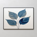Sapphire Leaves Canvas Art - Horizontal: a framed botanical print with five large blue-toned leaves on thin stems against a light background—ideal as modern blue wall art.