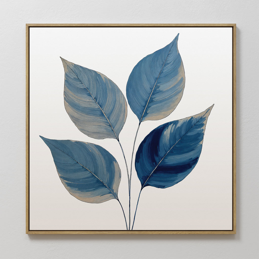 The Sapphire Leaves Canvas Art - Square showcases five large blue leaves on slender stems against a white background, with soft brushstroke textures and subtle beige accents for depth.