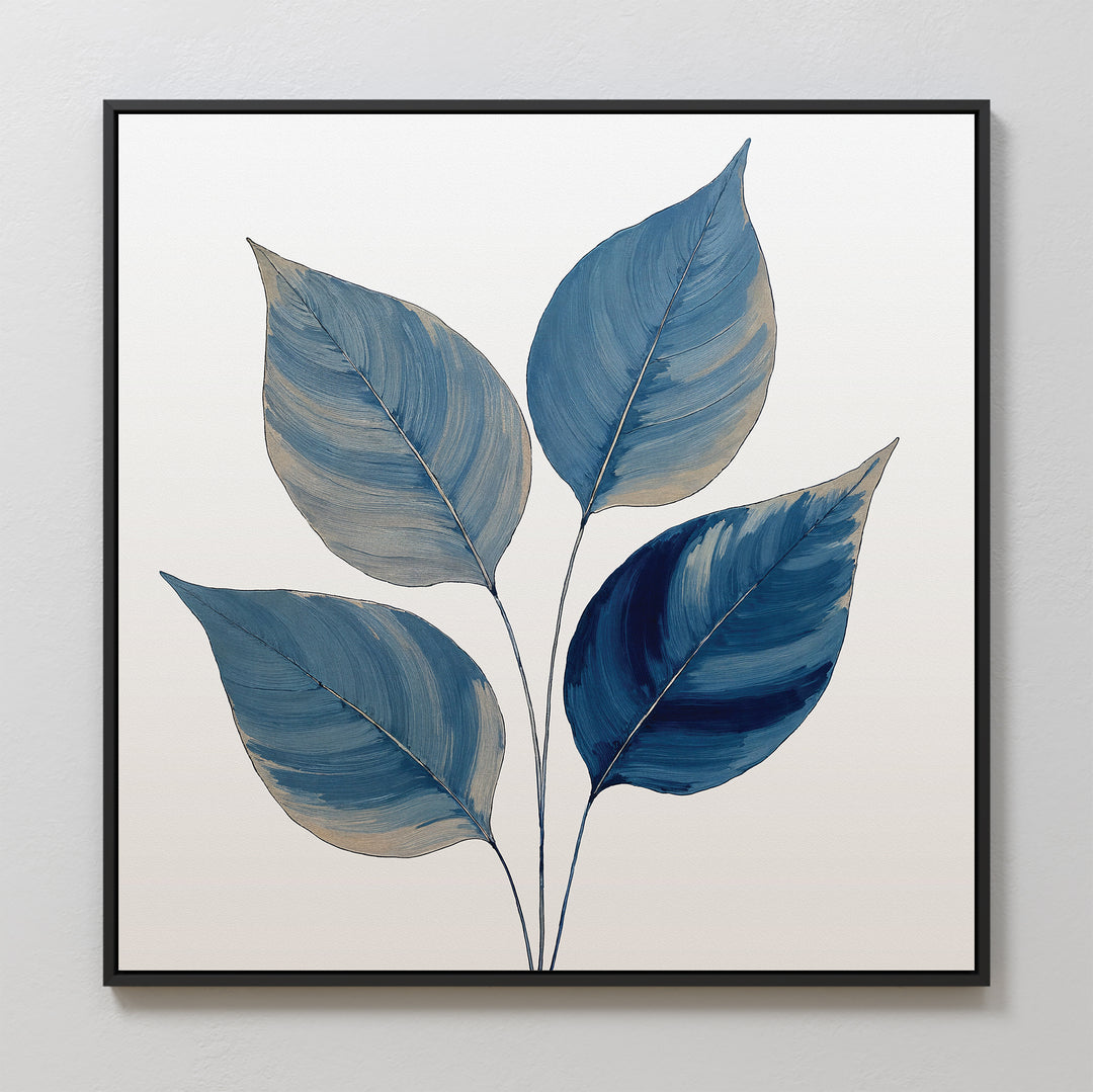The Sapphire Leaves Canvas Art - Square is a framed minimalist piece featuring five large sapphire leaves with visible brush strokes on thin stems, arranged in a botanical design on a plain white background.