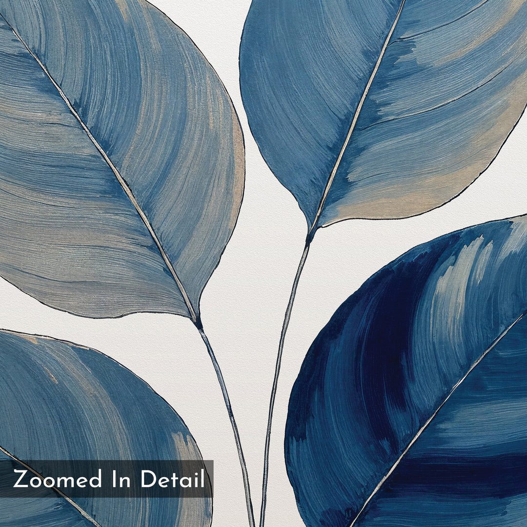 A close-up of large sapphire leaves with visible brushstrokes appears on a light background. In the bottom left, the text "Zoomed In Detail" highlights this Sapphire Leaves Canvas Art - Square botanical print.