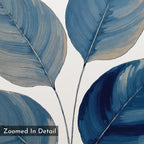 A close-up of large sapphire leaves with visible brushstrokes appears on a light background. In the bottom left, the text "Zoomed In Detail" highlights this Sapphire Leaves Canvas Art - Square botanical print.