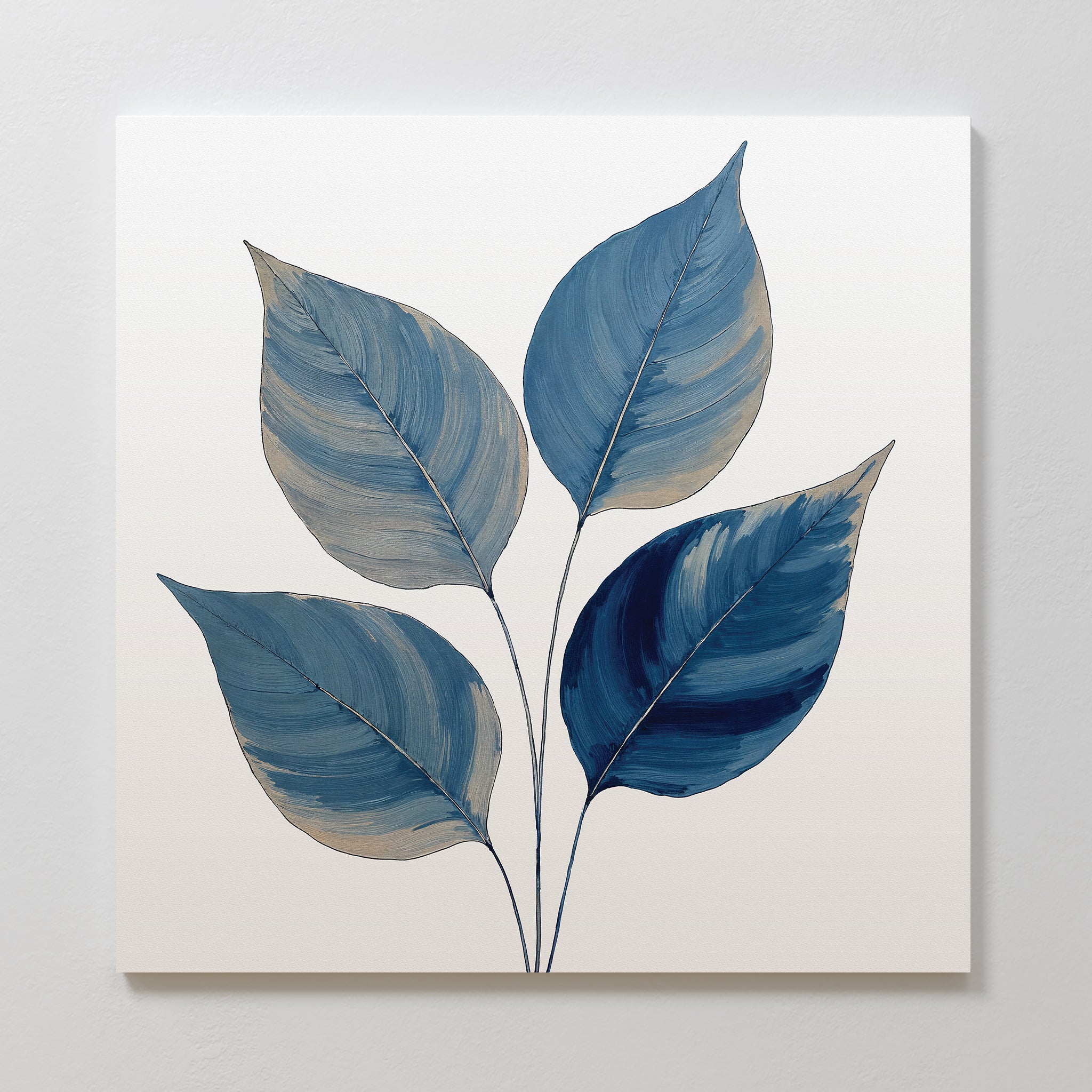 The Sapphire Leaves Canvas Art - Square features four large blue botanical leaves on thin black stems, set against a minimalist white background.