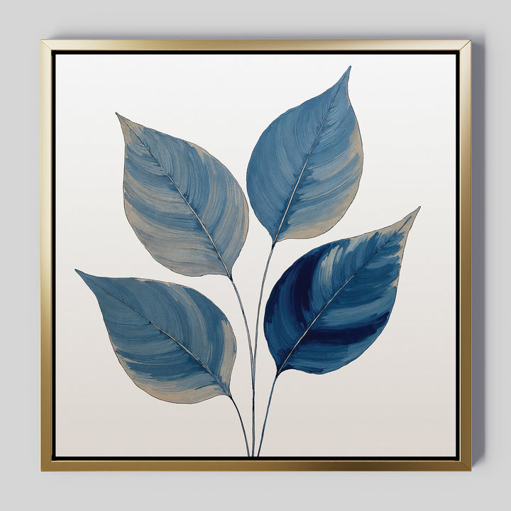 The Sapphire Leaves Canvas Art - Square features five stylized blue and gray botanical leaves on thin stems against a white background, set in a square gold frame with a slim black inner border.