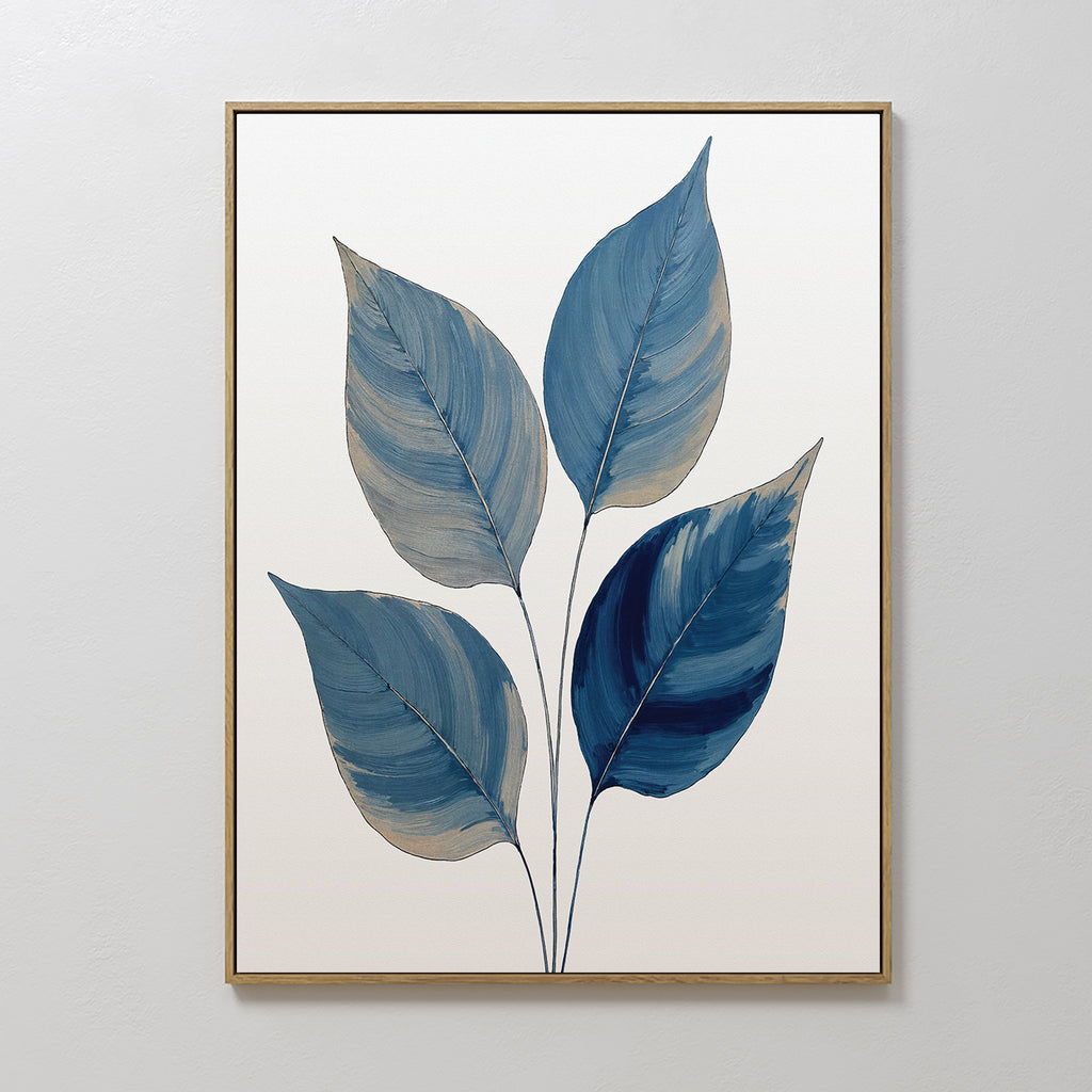 Sapphire Leaves Canvas Art - Vertical: A framed botanical print of four large blue and beige leaves with painterly brushstrokes on a white background, perfect as calming wall art for Nordic Park-inspired decor.