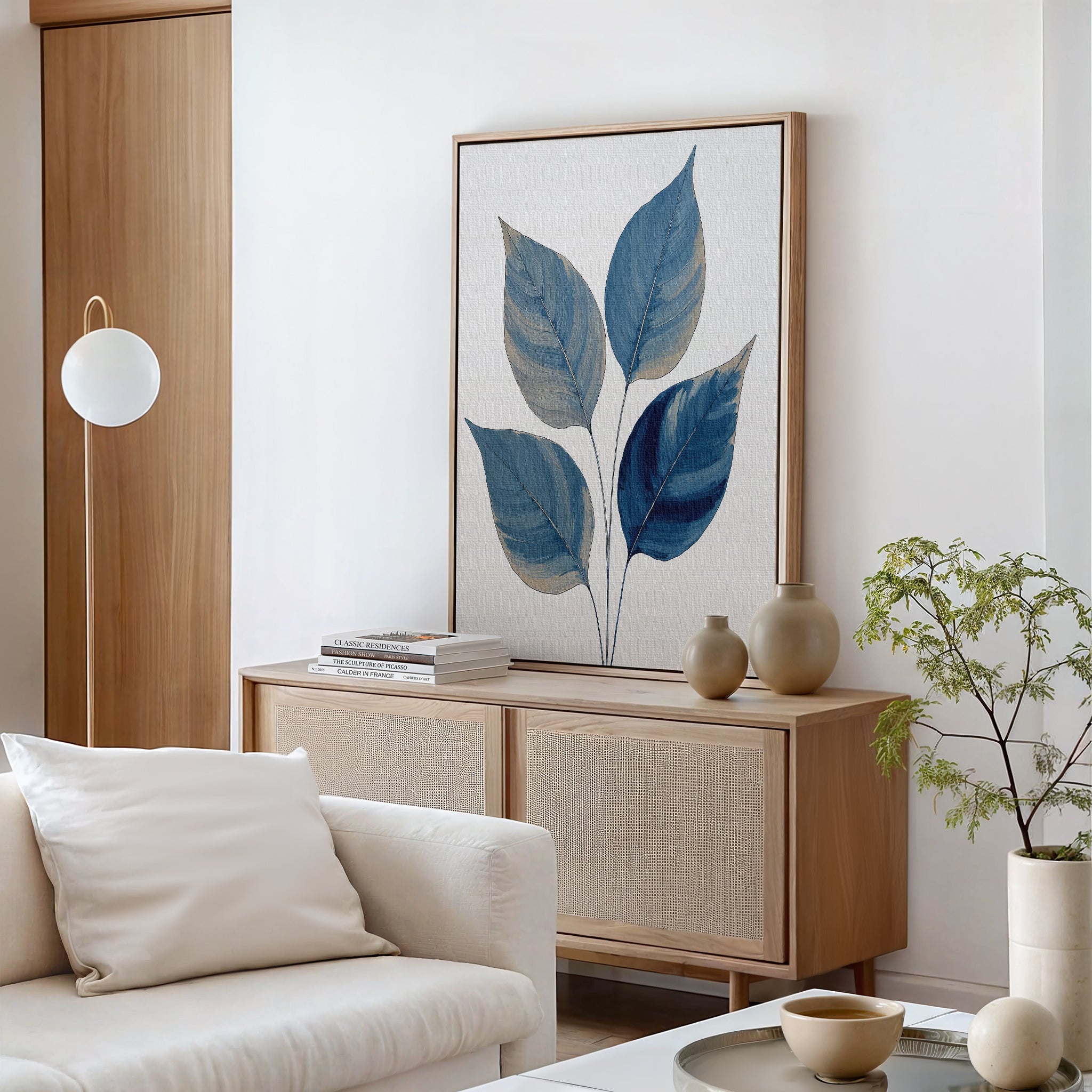 A minimalist living room with a light wood sideboard, beige ceramics, the Sapphire Leaves Canvas Art - Vertical in blue tones, a white modern lamp, and a cream sofa with cushions—all styled in a neutral palette.